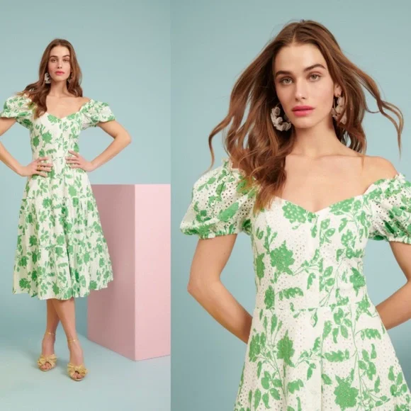 Rachel Parcell | Stencil Floral Eyelet Puff Sleeve Midi Dress Foliage Green - Picture 2 of 12